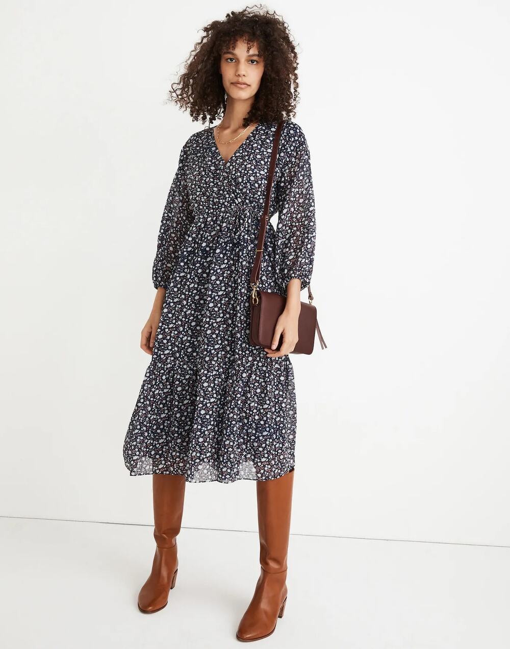 NEW Madewell Tie Waist Midi Dress in Harvest Deep Navy Vine Size XS - Picture 1 of 11
